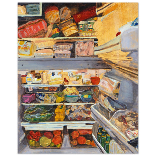 A print of the original acrylic painting titled "My Parent's Fridge" by Neta Singer. This print features the inside of a fridge full of food. Size: 40x50 cm.