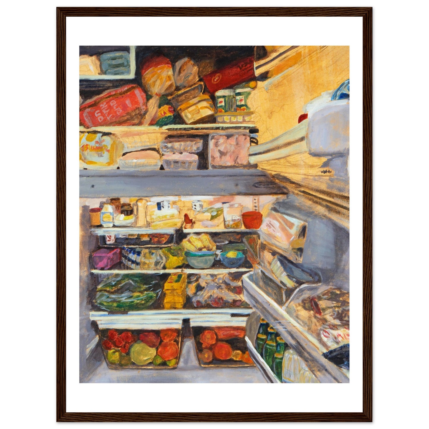 A framed print of the original acrylic painting titled "My Parent's Fridge" by Neta Singer. This print features the inside of a fridge full of food. Size: 45x60 cm, with white borders. The frame is dark wood.