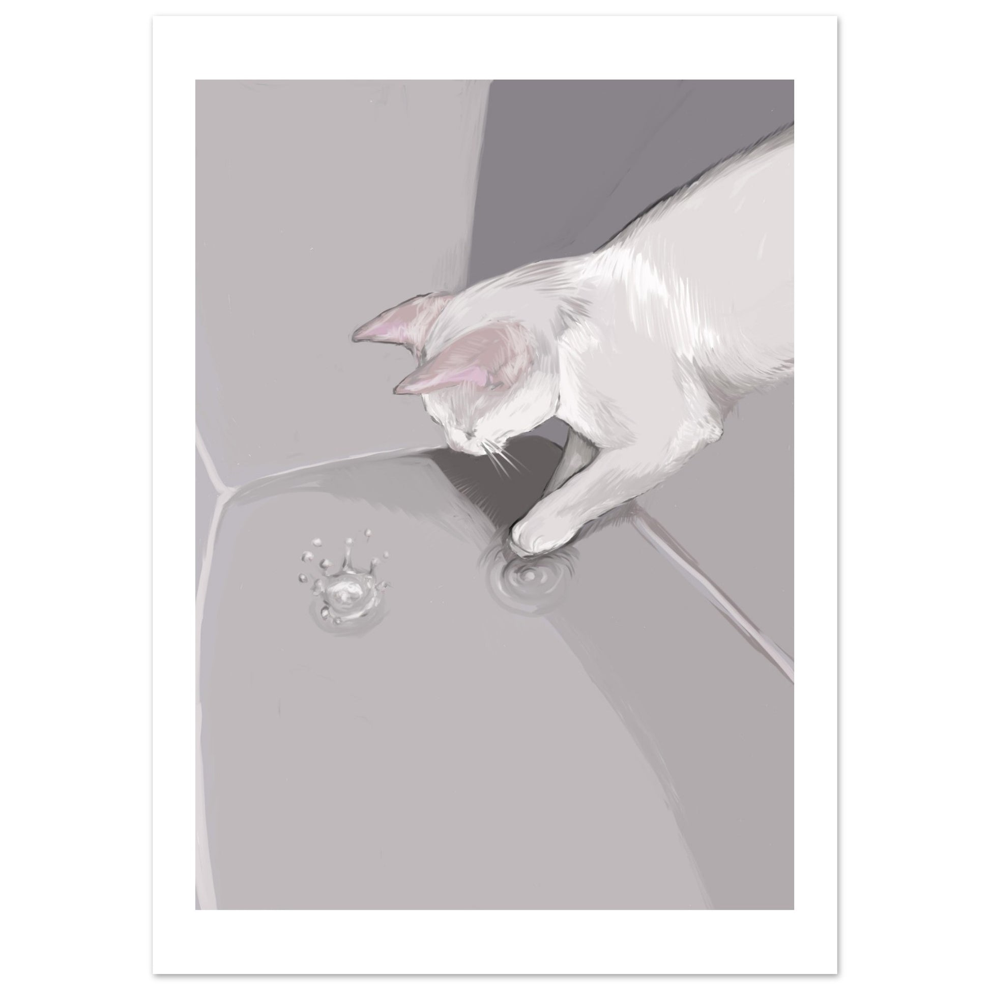 A digital print titled 'The Cat and the Drop' by Neta Singer, featuring a white cat playing with a water drop in a gray space. Size: 50x70 cm with white borders.