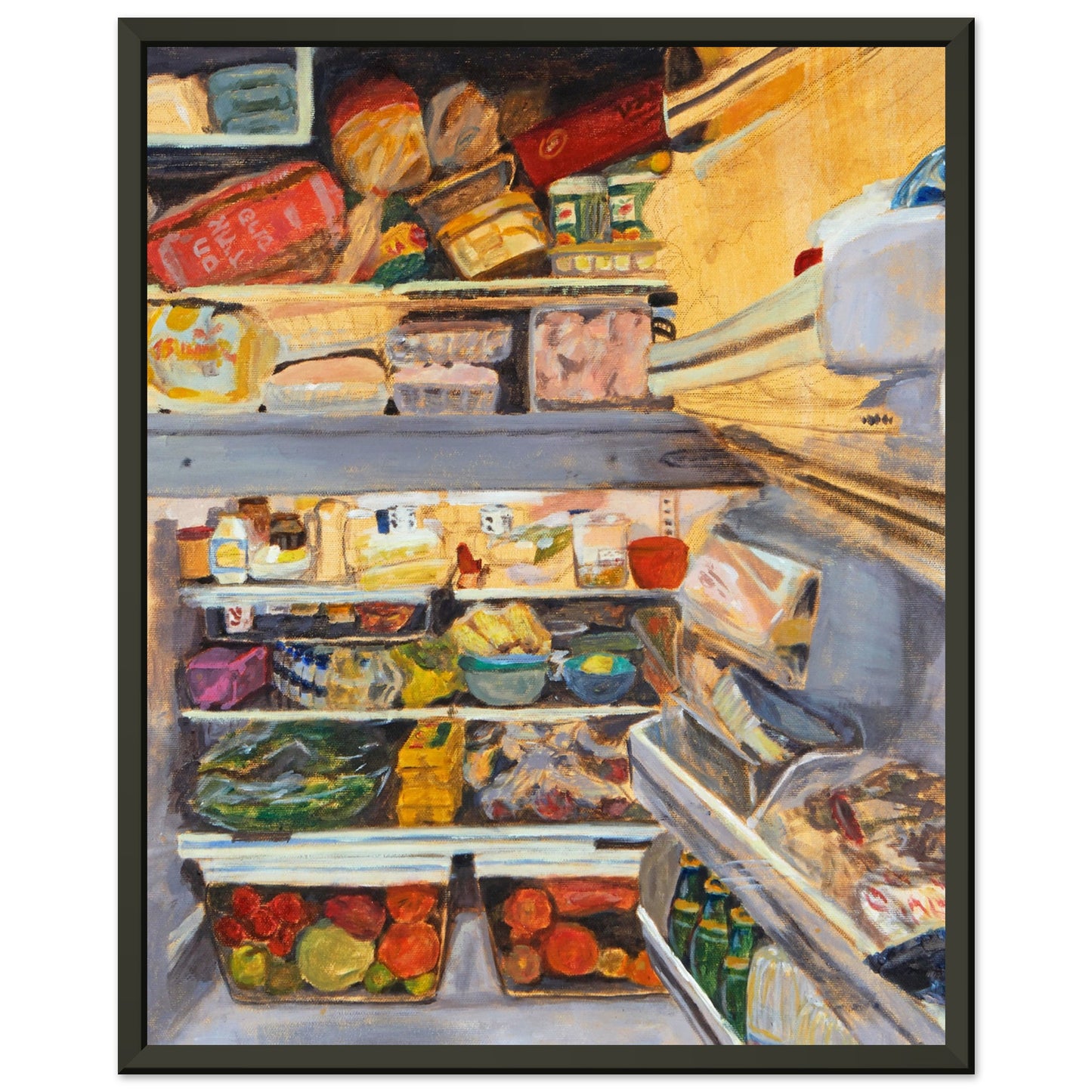 A framed print of the original acrylic painting titled "My Parent's Fridge" by Neta Singer. This print features the inside of a fridge full of food. Size: 40x50 cm. The frame is black metal.