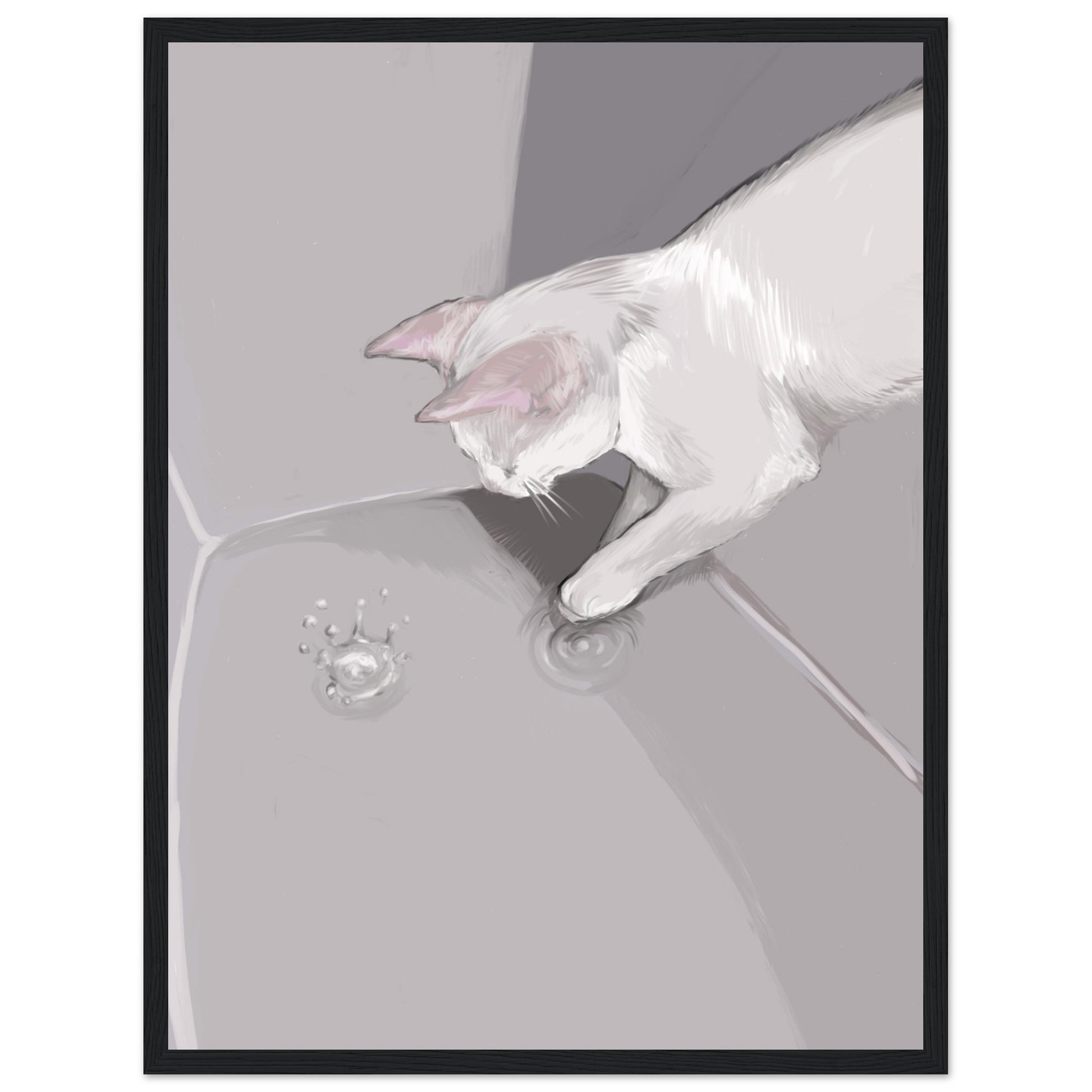 A digital print titled 'The Cat and the Drop' by Neta Singer, featuring a white cat playing with a water drop in a gray space. Size: 45x60 cm, framed in black wood