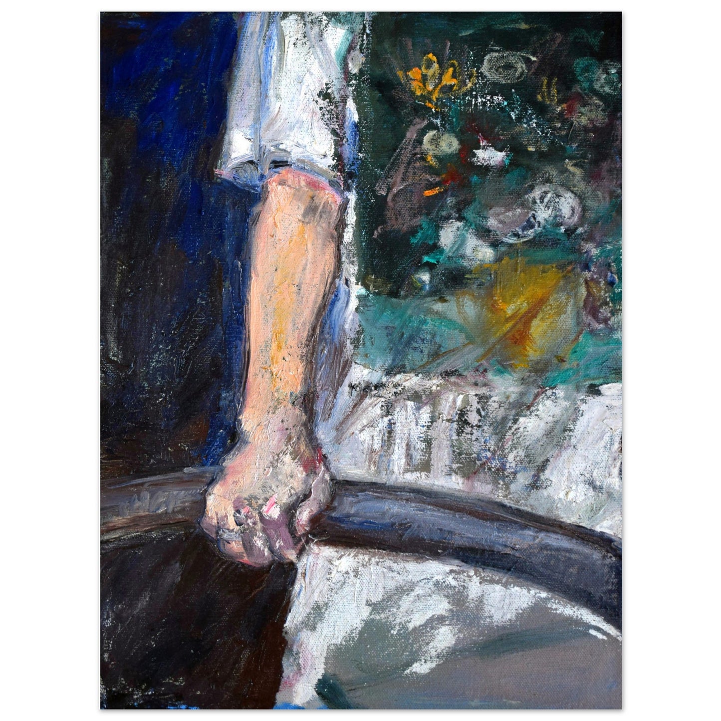 Print of an original oil painting titled 'T-SHIRT' by Neta Singer. The artwork features an image of a shirt and a hand holding an iron railing. Printed on high-quality 200gsm paper. Available in size 30x40 cm.