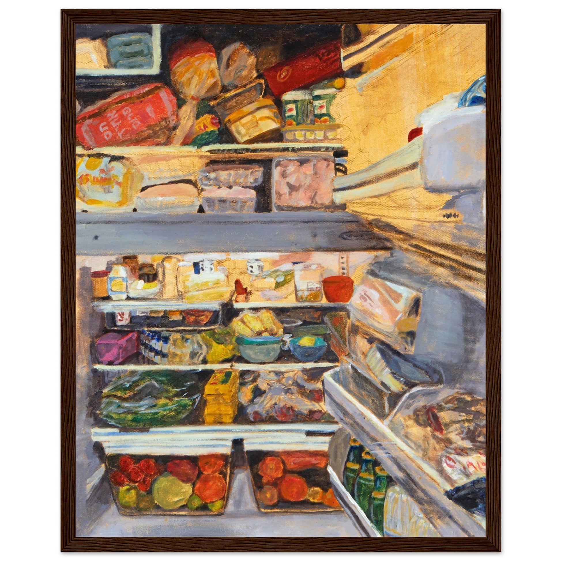 A framed print of the original acrylic painting titled "My Parent's Fridge" by Neta Singer. This print features the inside of a fridge full of food. Size: 40x50 cm. The frame is dark wood.