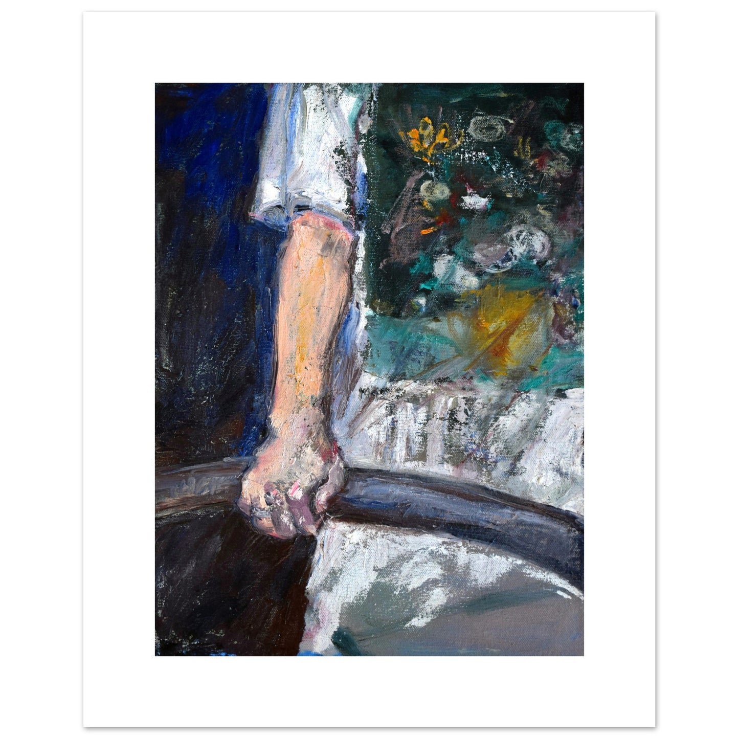 Print of an original oil painting titled 'T-SHIRT' by Neta Singer. The artwork features an image of a shirt and a hand holding an iron railing. Printed on high-quality 200gsm paper with white borders. Available in size 40x50 cm