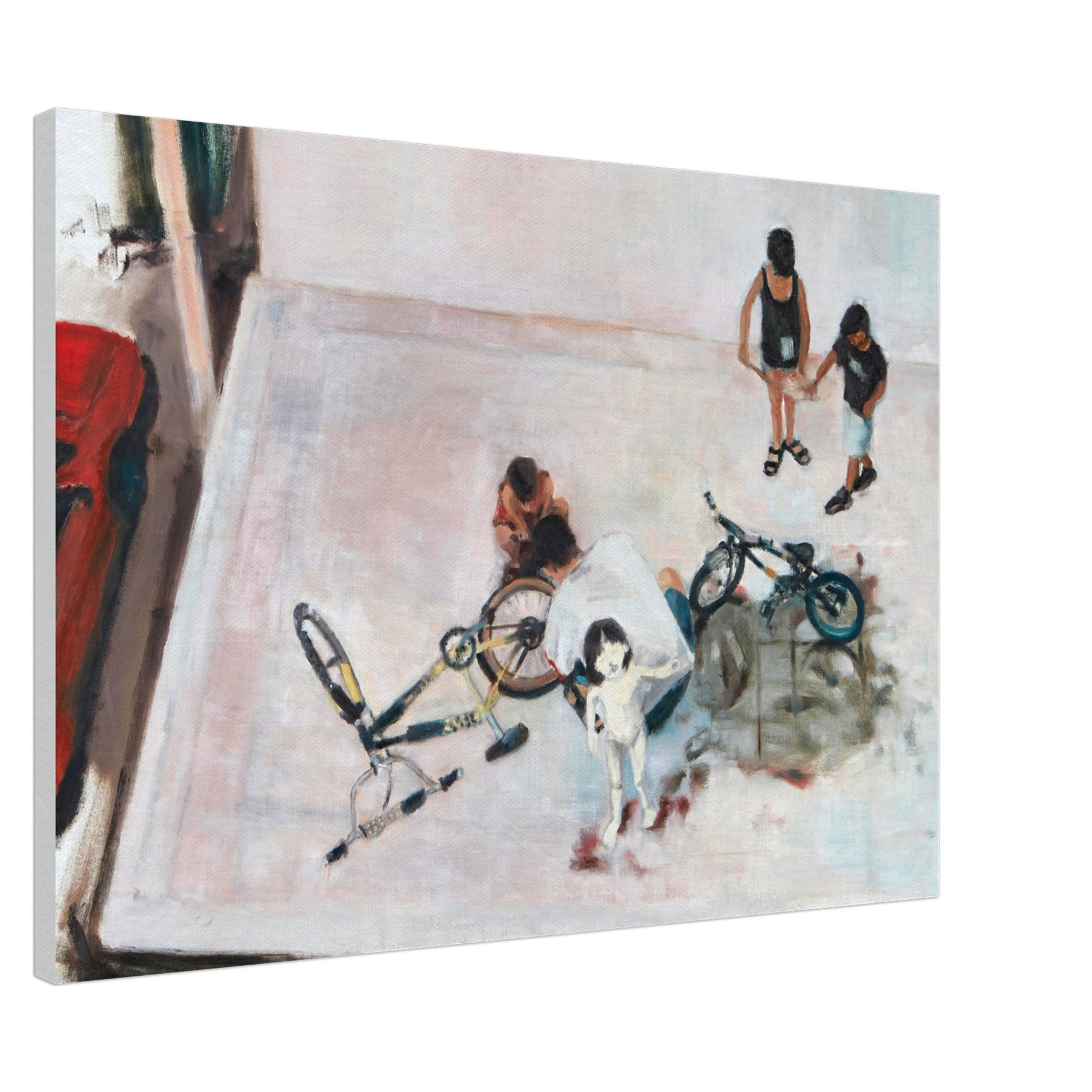 A print on canvas of the original oil painting titled "Yom Kipur" by Neta Singer. This print features a family cleanes bicycles in a parking lot. Size: 70x100 cm. 