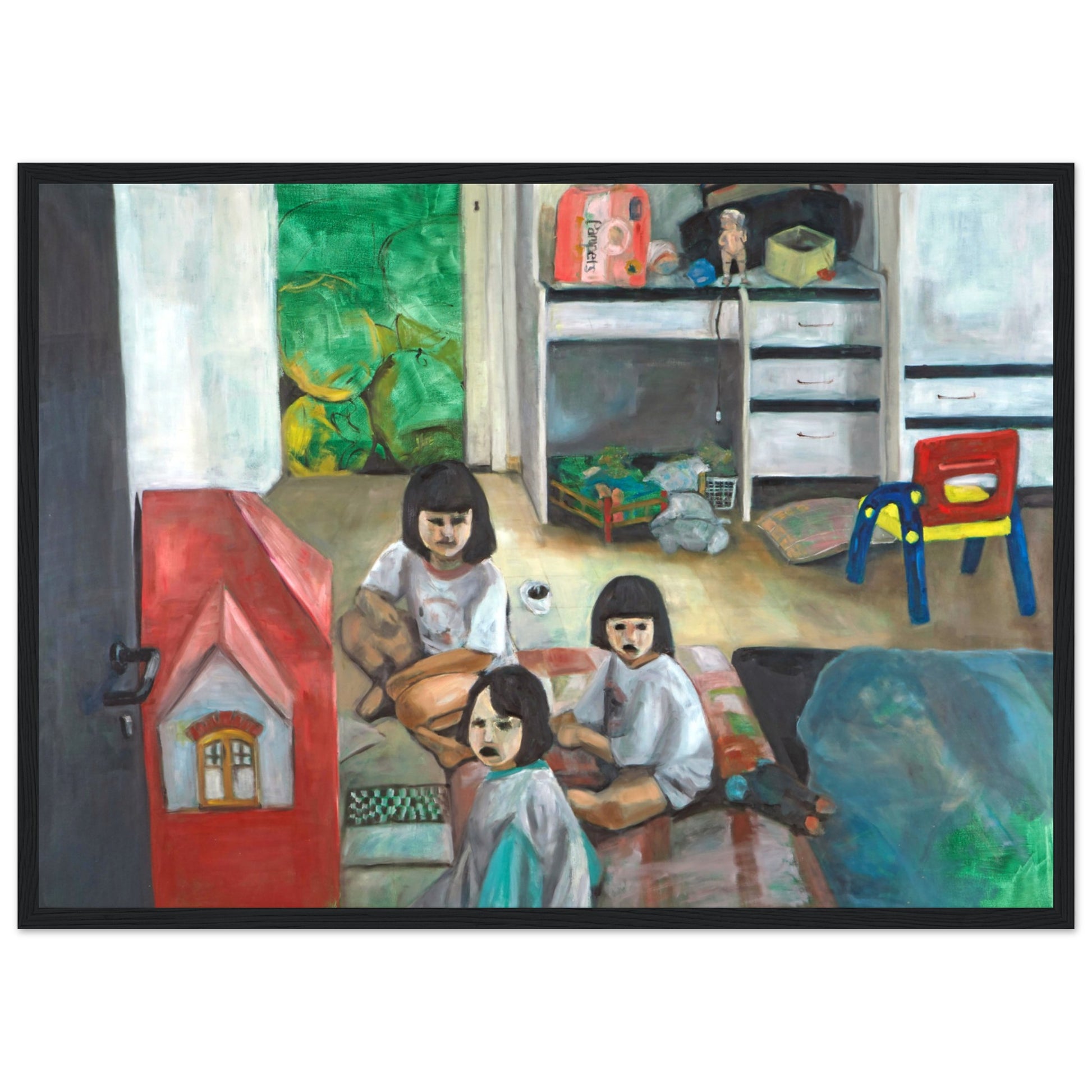 Framed poster of 'Dollhouse' by Neta Singer, 50x70 cm, depicting a child's room with a red dollhouse and three girls playing, looking towards the viewer. The poster is in a black wood frame