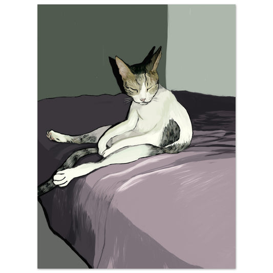 A digital art print titled 'Lazy Cat' by Neta Singer, featuring a cat sitting with its eyes closed on a bed. Size: 45x60 cm.