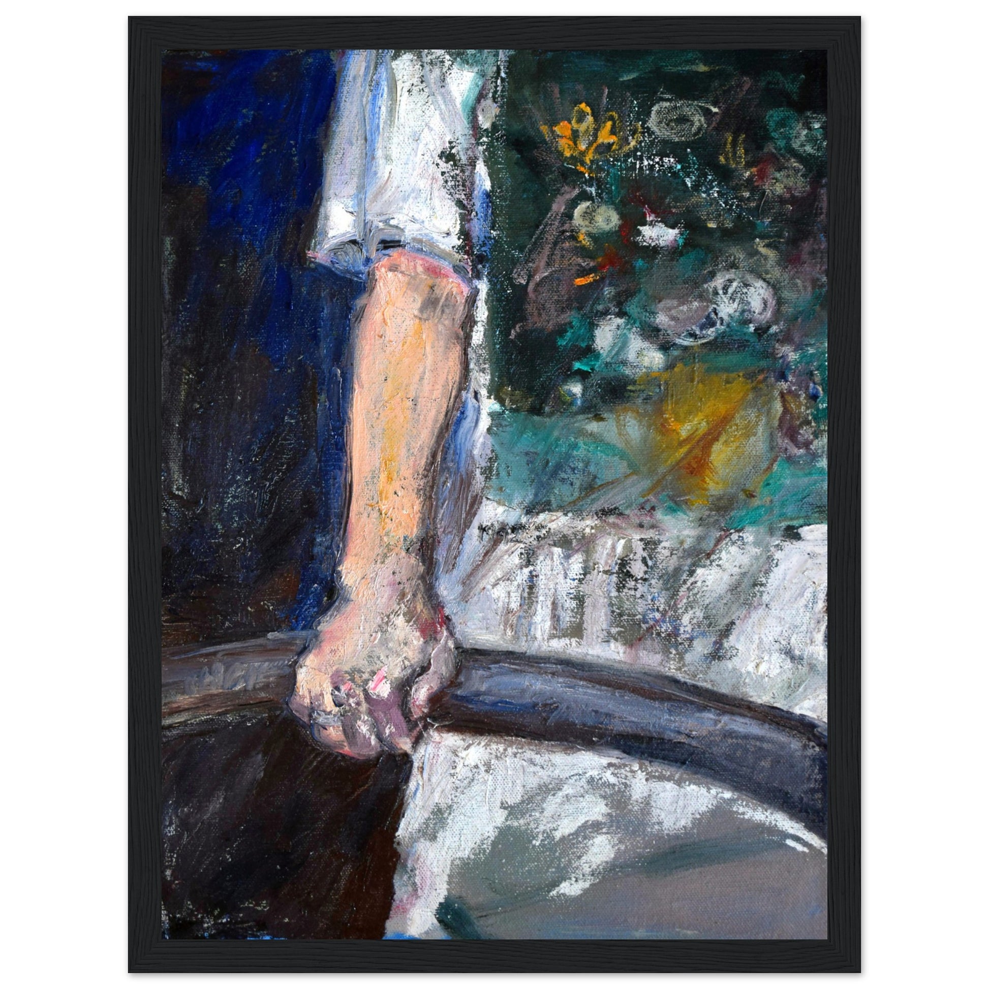 Print of an original oil painting titled 'T-SHIRT' by Neta Singer. The artwork features an image of a shirt and a hand holding an iron railing. Printed on high-quality 200gsm paper and framed in black wood. Available in size 30x40 cm.