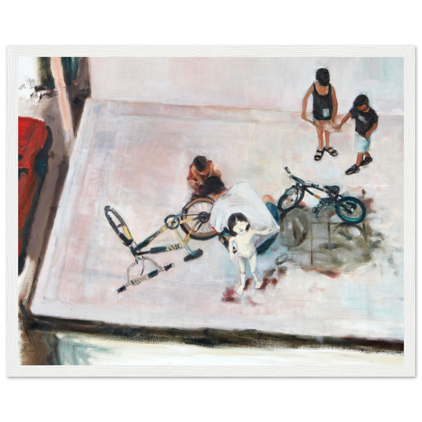 A framed print of the original oil painting titled "Yom Kipur" by Neta Singer. This print features a family cleanes bicycles in a parking lot. Size: 40x50 cm. the frame is white wood.