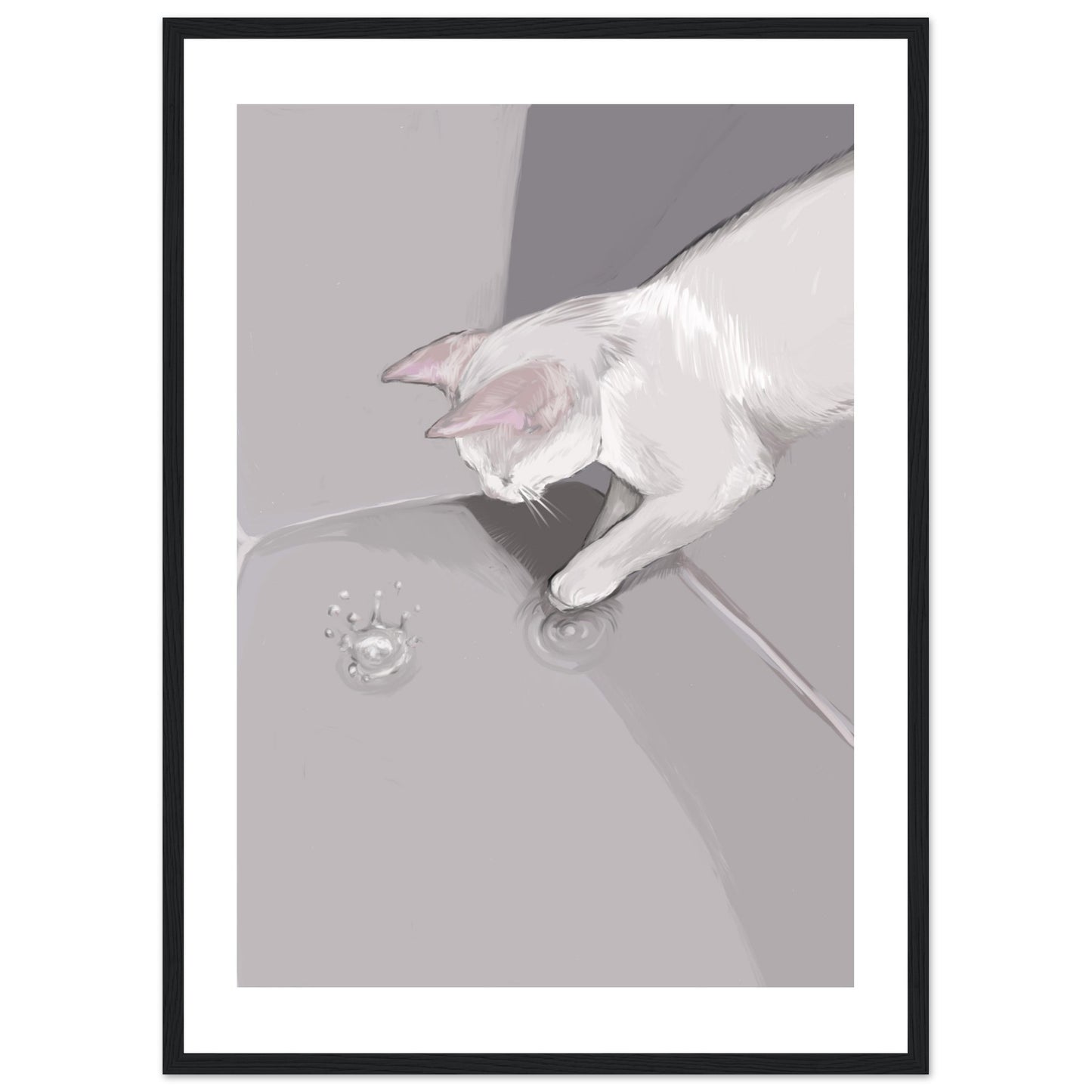 A digital print titled 'The Cat and the Drop' by Neta Singer, featuring a white cat playing with a water drop in a gray space. Size: 50x70 cm with white borders, framed in black wood.