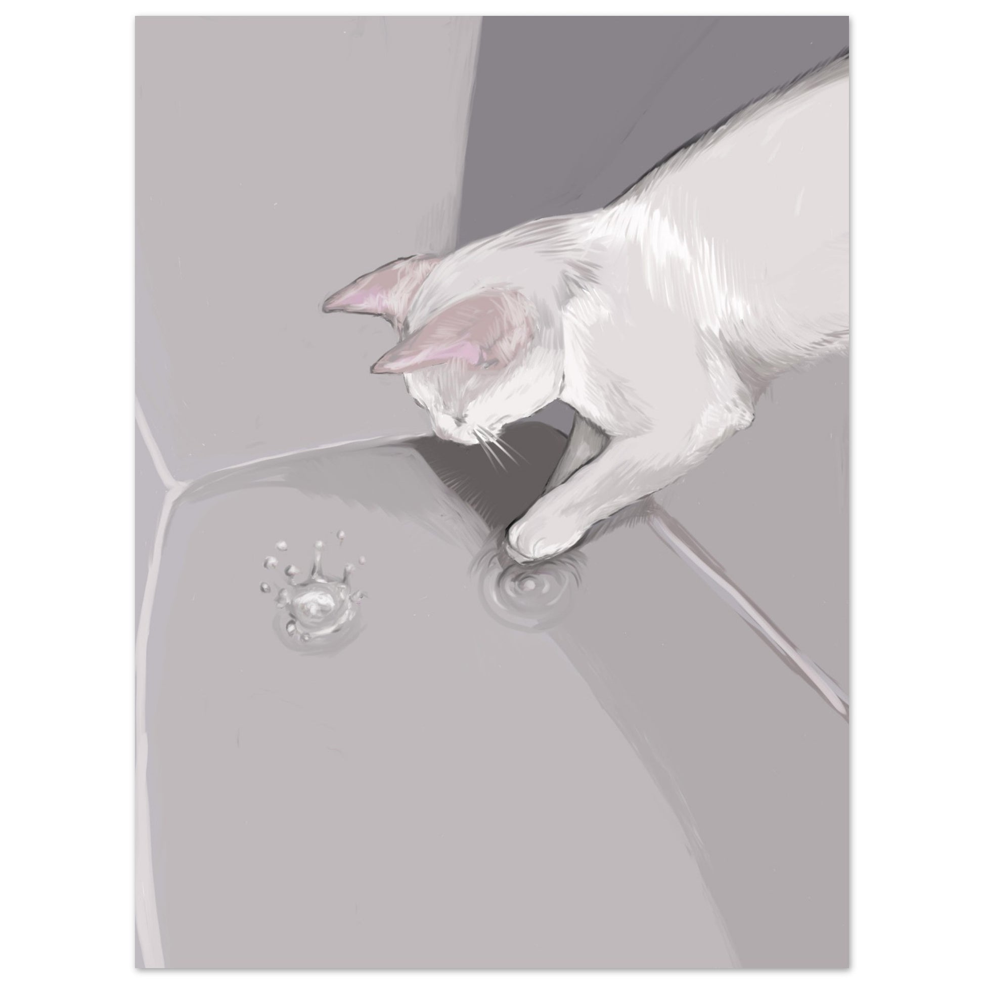 A digital art print titled 'The Cat and the Drop' by Neta Singer. Depicts a playful white cat in a gray space interacting with a water drop. Size: 45x60 cm.