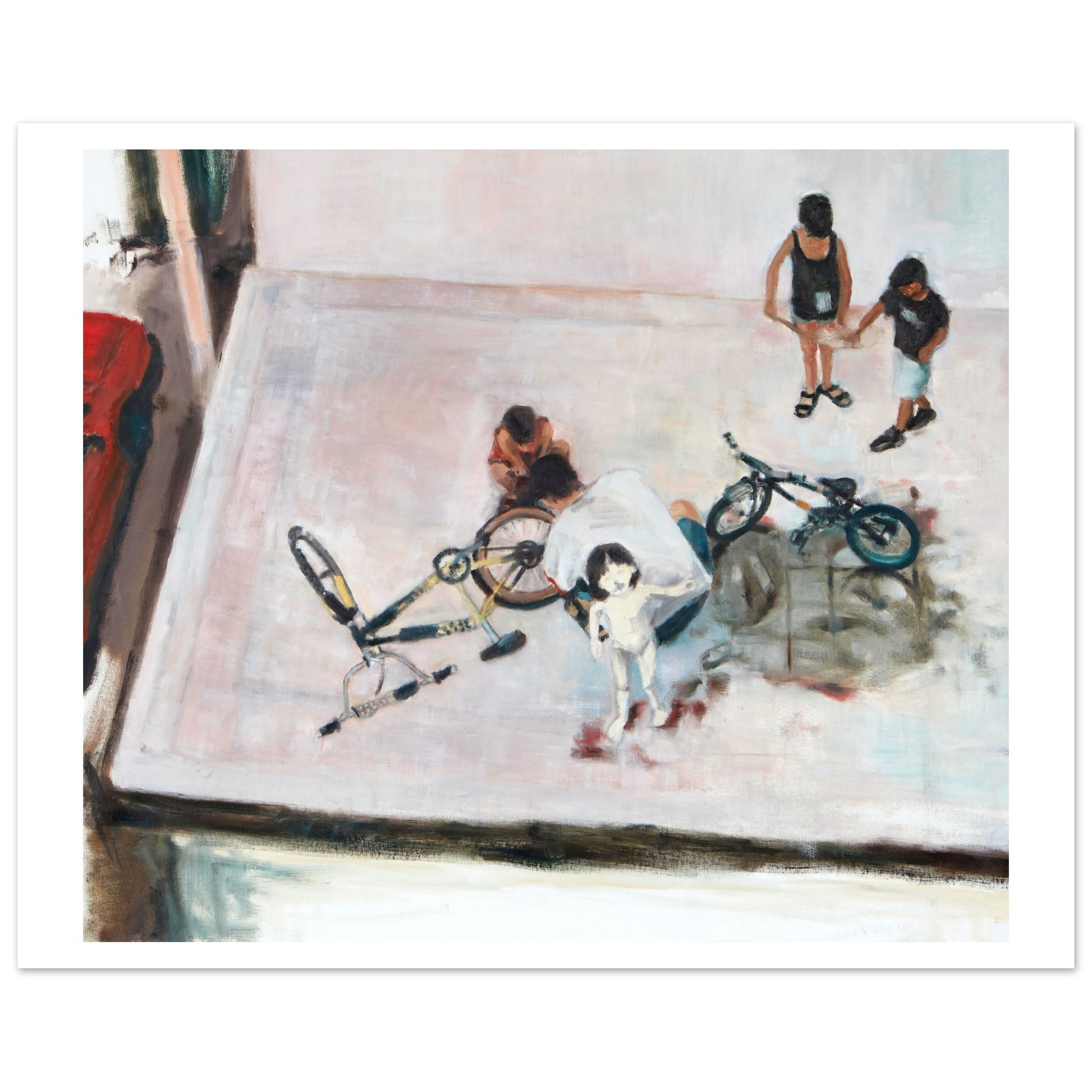 A print of the original oil painting titled "Yom Kipur" by Neta Singer. This print features a family cleanes bicycles in a parking lot. Size: 40x50 cm with wight borders.