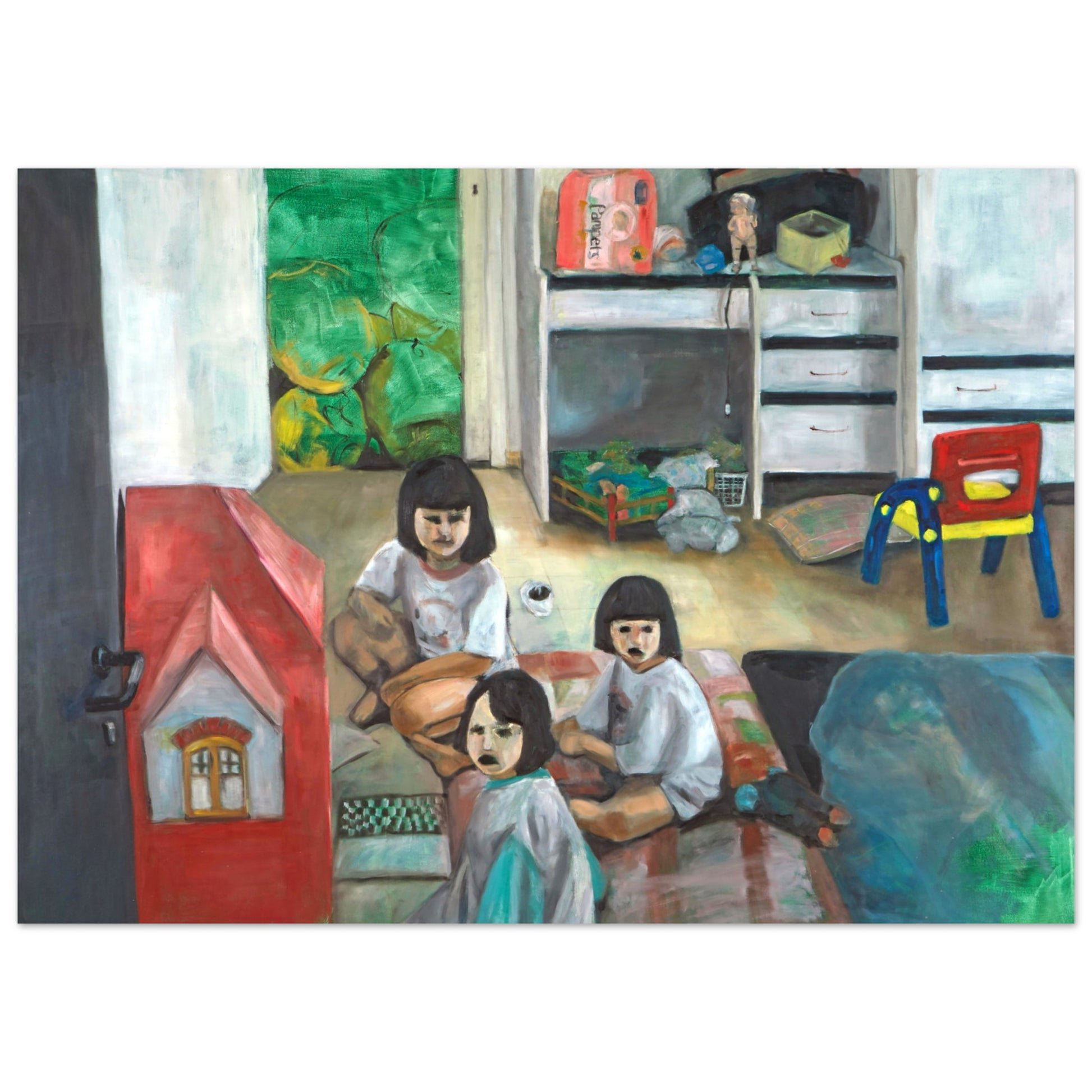 Poster of 'Dollhouse' by Neta Singer, size A0, depicting a child's room with a red dollhouse and three girls playing, looking towards the viewer.