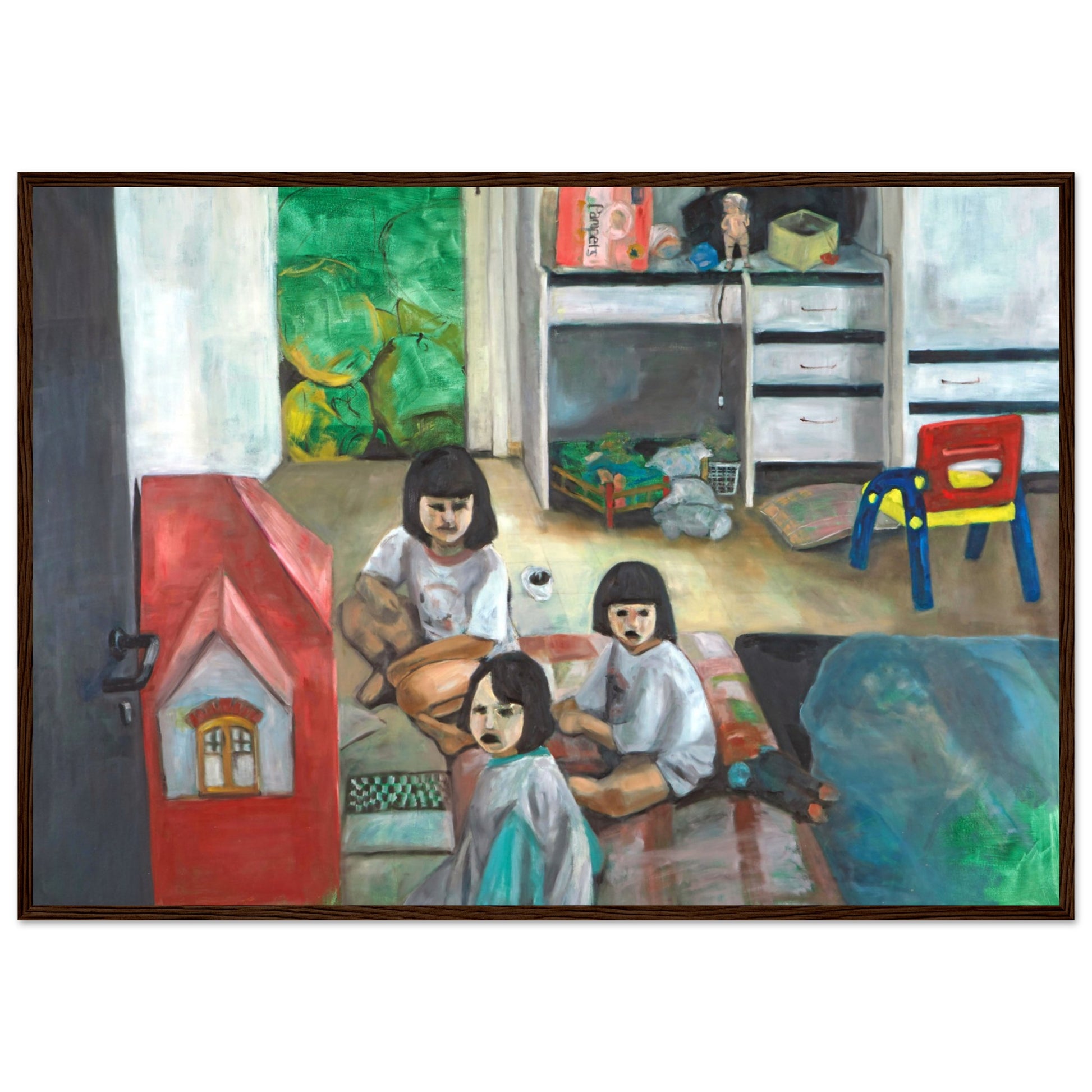 Framed poster of 'Dollhouse' by Neta Singer, 100x70 cm, depicting a child's room with a red dollhouse and three girls playing, looking towards the viewer. The poster is in a dark wood frame.