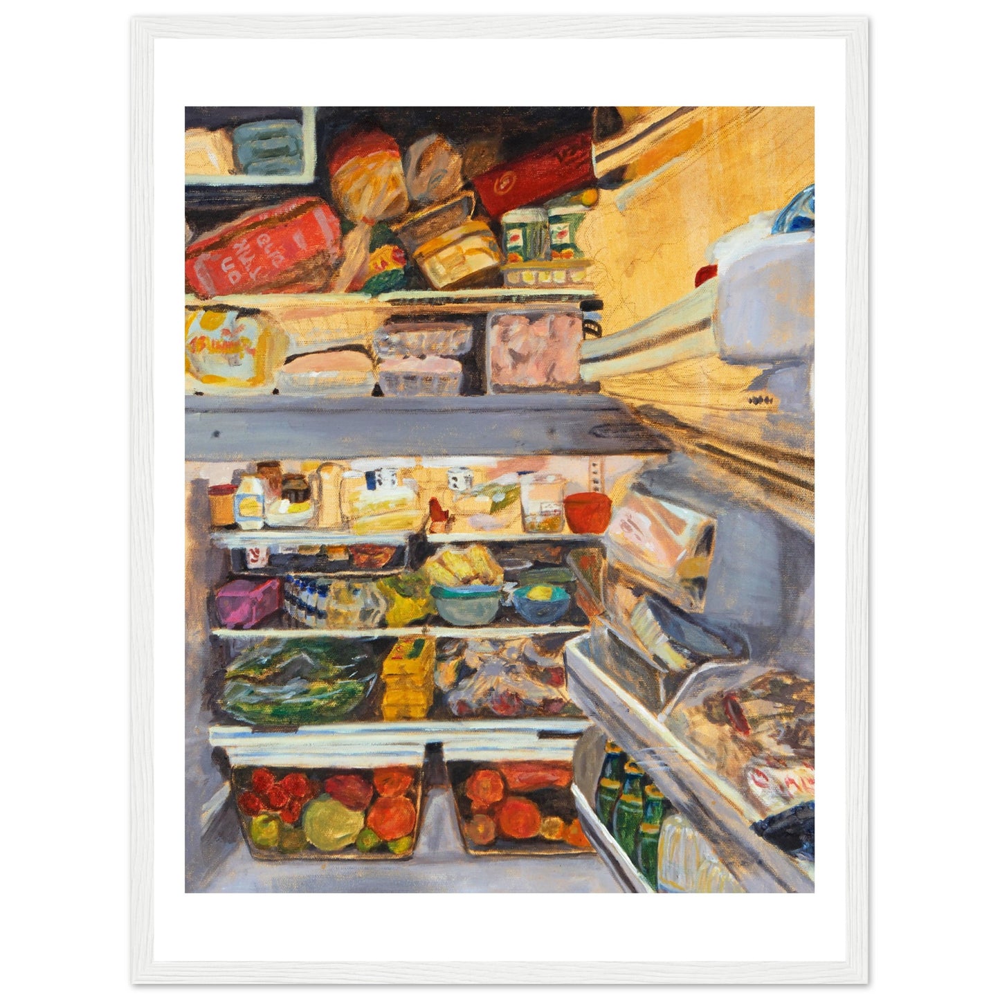 A framed print of the original acrylic painting titled "My Parent's Fridge" by Neta Singer. This print features the inside of a fridge full of food. Size: 45x60 cm, with white borders. The frame is white wood.