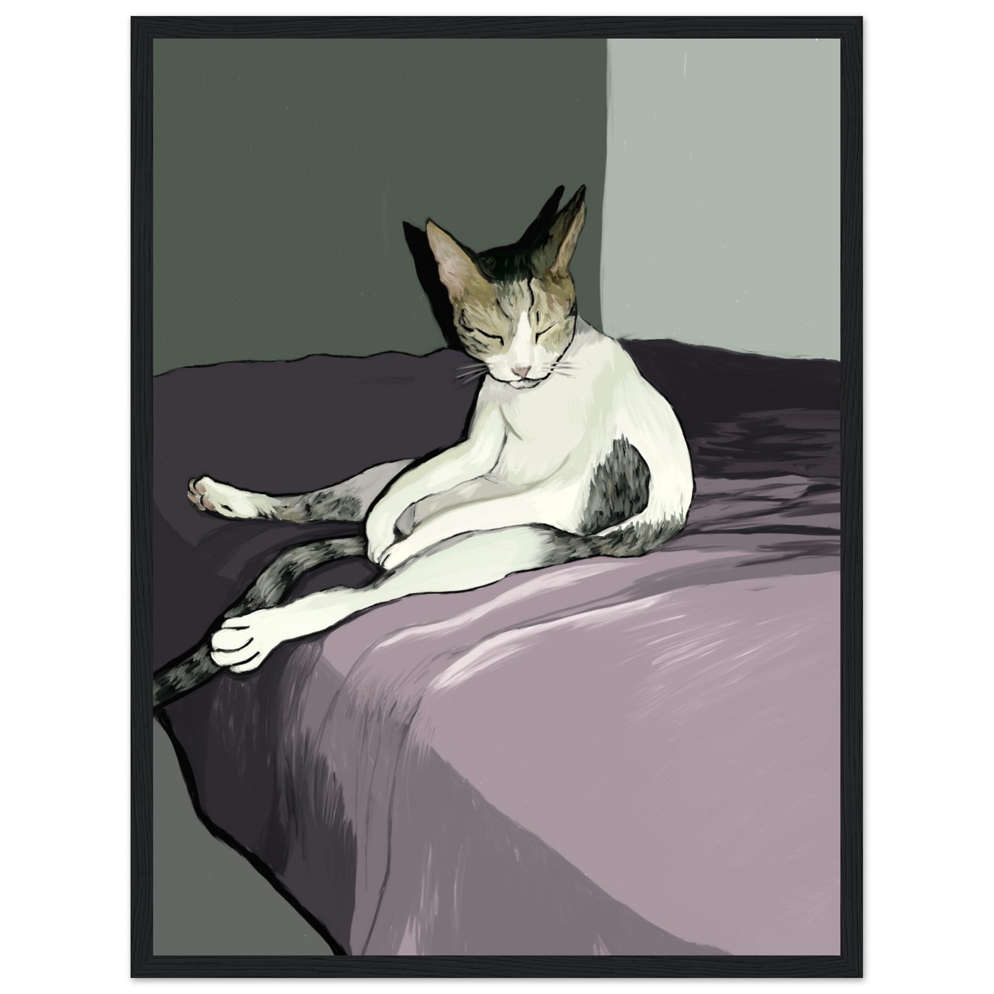 A digital art print titled 'Lazy Cat' by Neta Singer, featuring a cat sitting with its eyes closed on a bed. Size: 45x60 cm, framed in black wood.