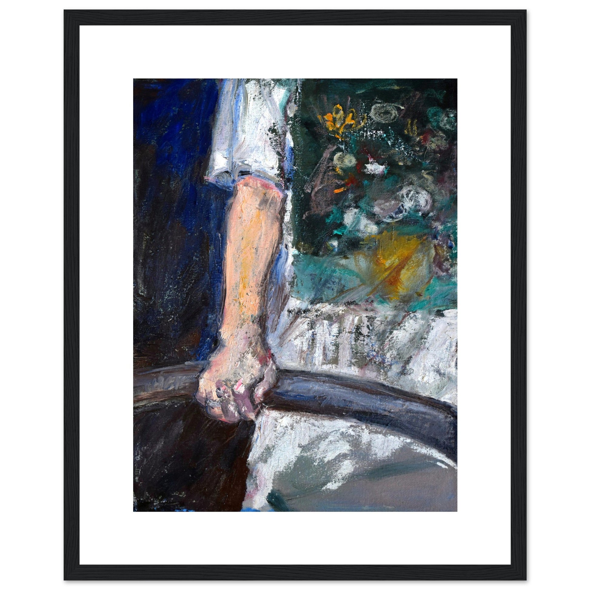 Print of an original oil painting titled 'T-SHIRT' by Neta Singer. The artwork features an image of a shirt and a hand holding an iron railing. Printed on high-quality 200gsm paper with white borders and framed in black wood. Available in size 40x50 cm.