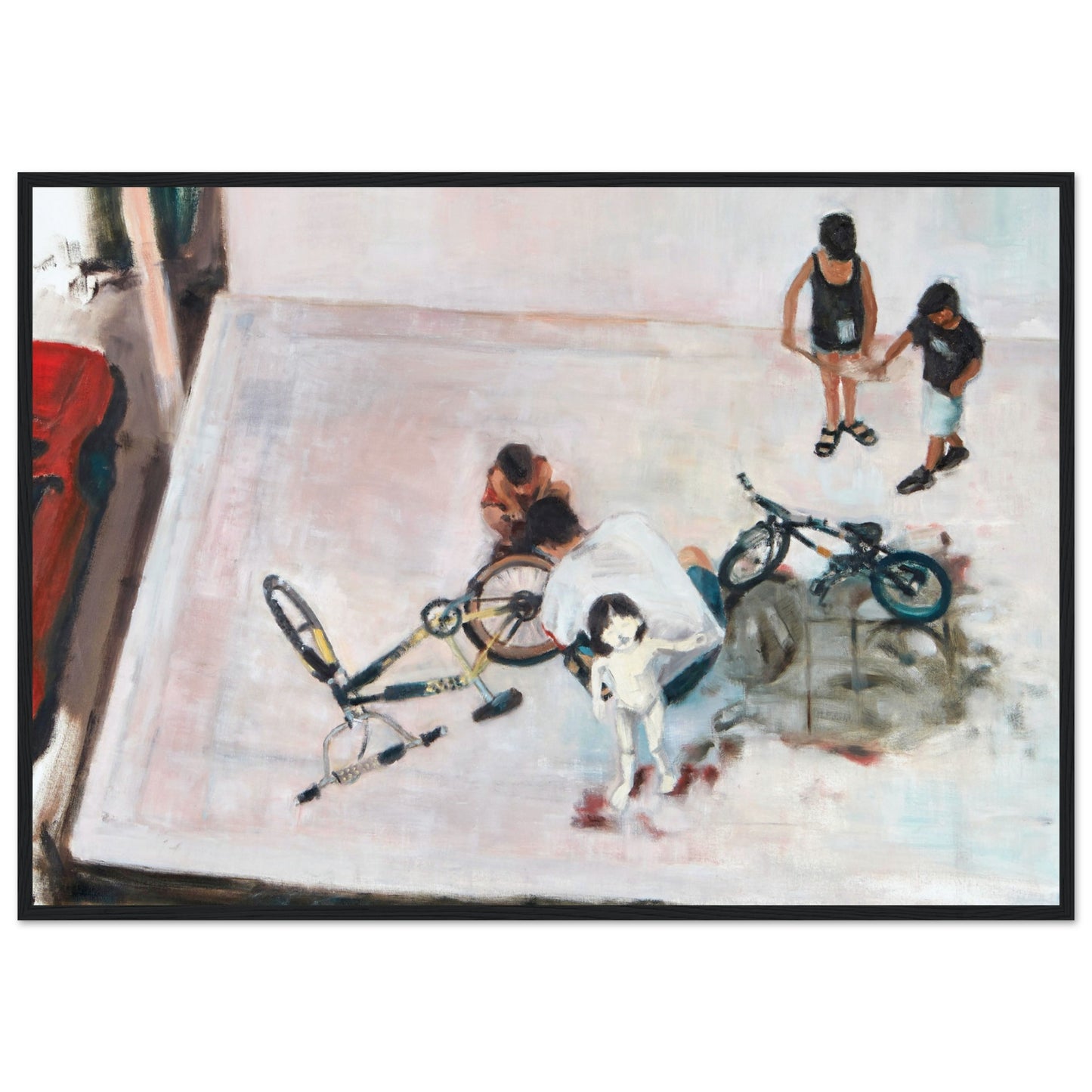 A framed print of the original oil painting titled "Yom Kipur" by Neta Singer. This print features a family cleanes bicycles in a parking lot. Size: 70x100 cm. the frame is black wood.