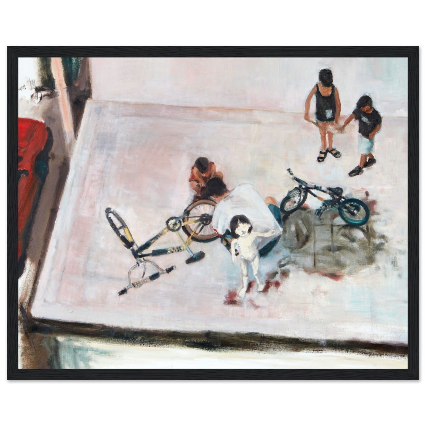 A framed print of the original oil painting titled "Yom Kipur" by Neta Singer. This print features a family cleanes bicycles in a parking lot. Size: 40x50 cm. the frame is  black wood.