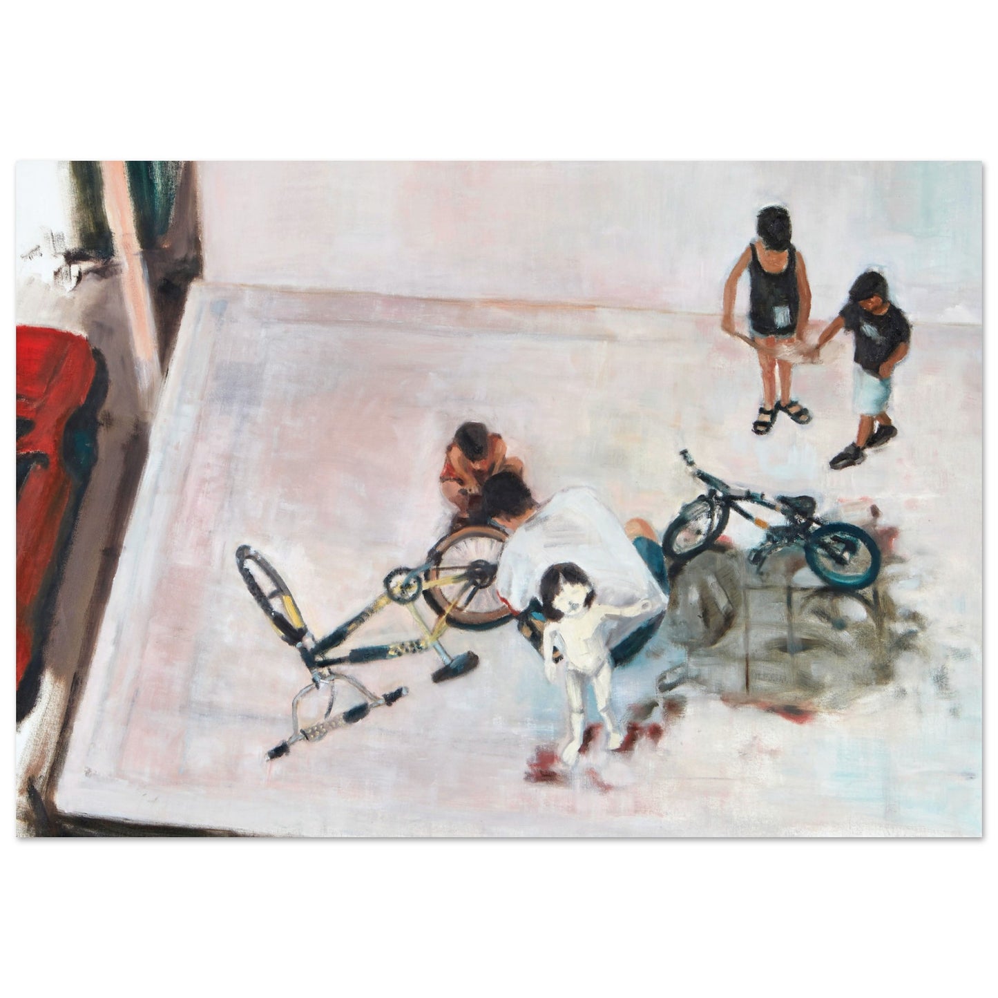 A print of the original oil painting titled "Yom Kipur" by Neta Singer. This print features a family cleanes bicycles in a parking lot. Size: 70x100 cm.