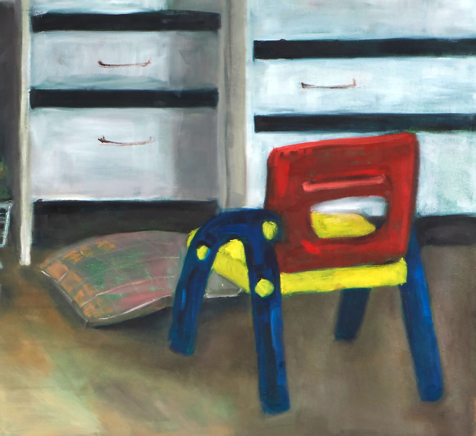 Detail from Original oil painting titled 'Dollhouse' by Neta Singer. The painting, on unstretched canvas, measures 210x260 cm, the detail depicts a child's chair in red blue and yellow. 