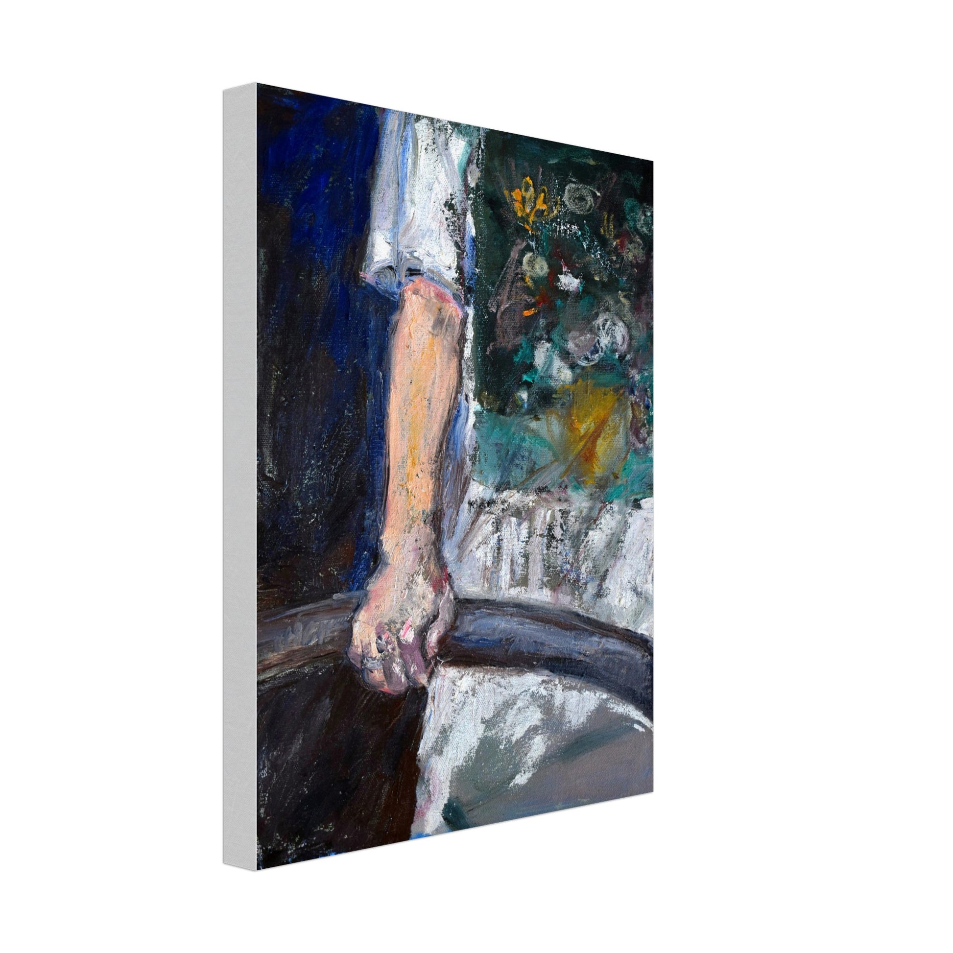 Print of an original oil painting titled 'T-SHIRT' by Neta Singer. The artwork features an image of a shirt and a hand holding an iron railing. Printed on high-quality canvas. Available in size 30x40 cm.