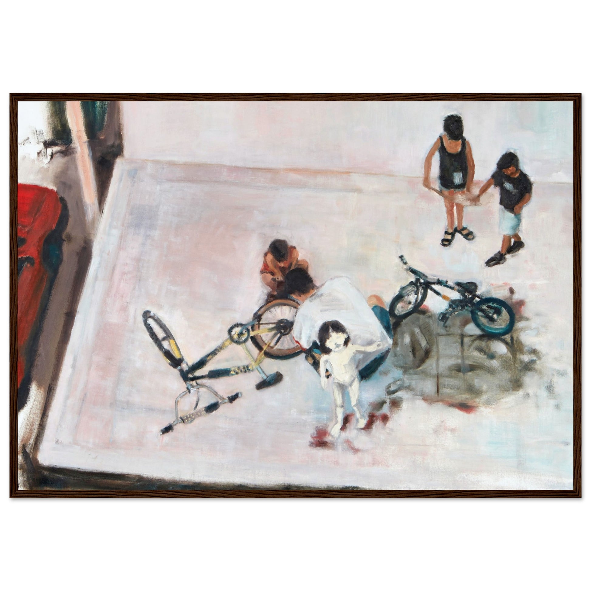 A framed print of the original oil painting titled "Yom Kipur" by Neta Singer. This print features a family cleanes bicycles in a parking lot. Size: 70x100 cm. the frame is dark wood.