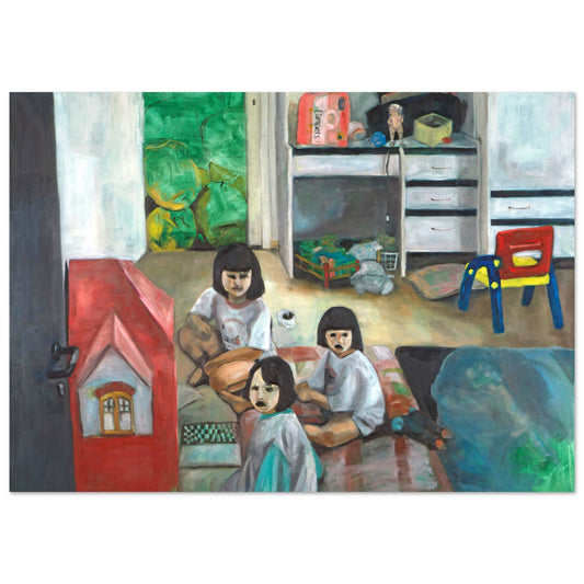 Poster of 'Dollhouse' by Neta Singer, 50x70 cm, depicting a child's room with a red dollhouse and three girls playing, looking towards the viewer.