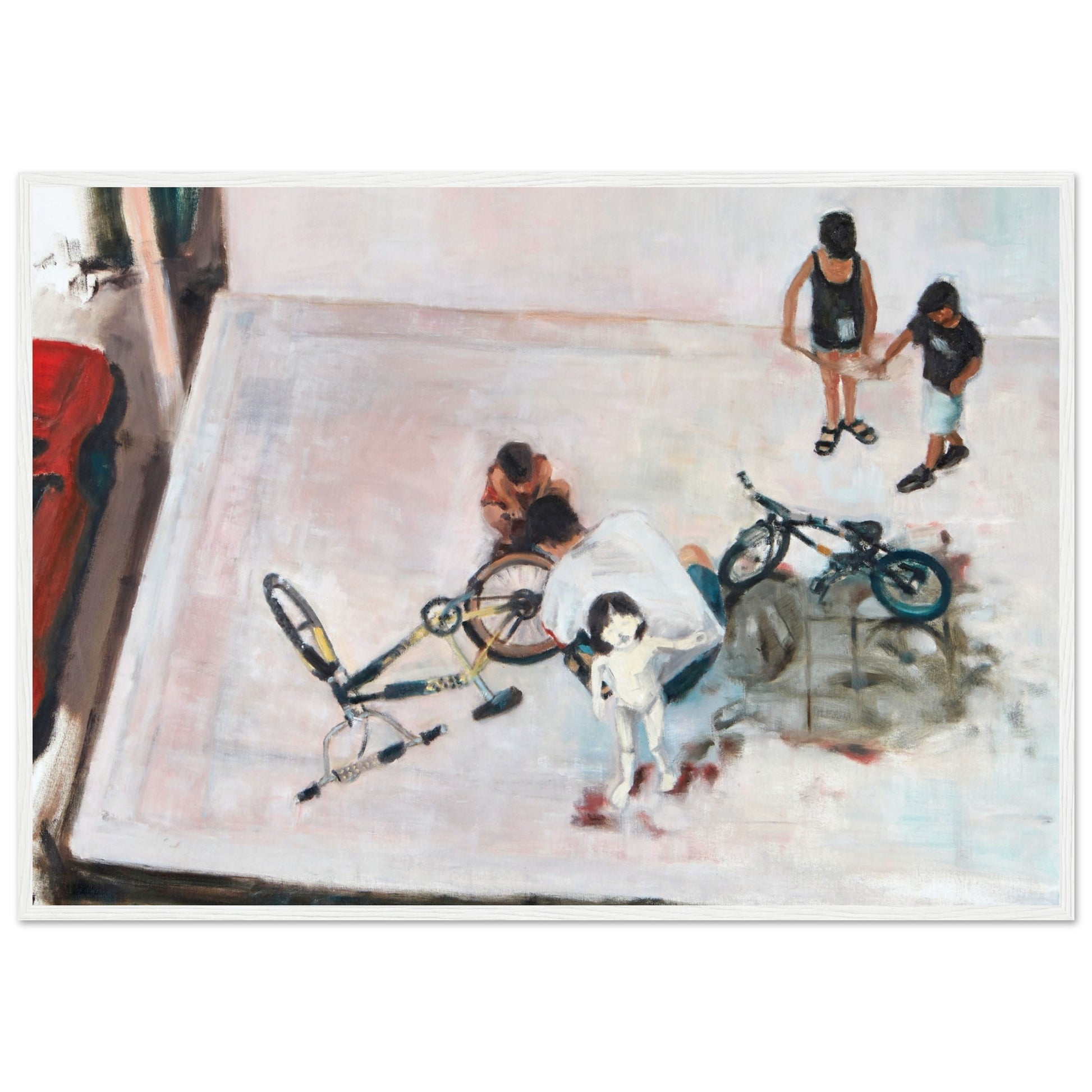 A framed print of the original oil painting titled "Yom Kipur" by Neta Singer. This print features a family cleanes bicycles in a parking lot. Size: 70x100 cm. the frame is white wood.