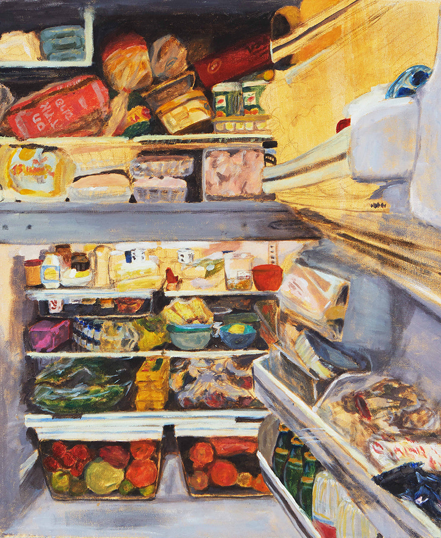 An original acrylic painting titled "My Parent's Fridge" by Neta Singer. The painting, on unstretched canvas, features the inside of a fridge full of food. Comes with a golden wood frame. Size: 55x45 cm.