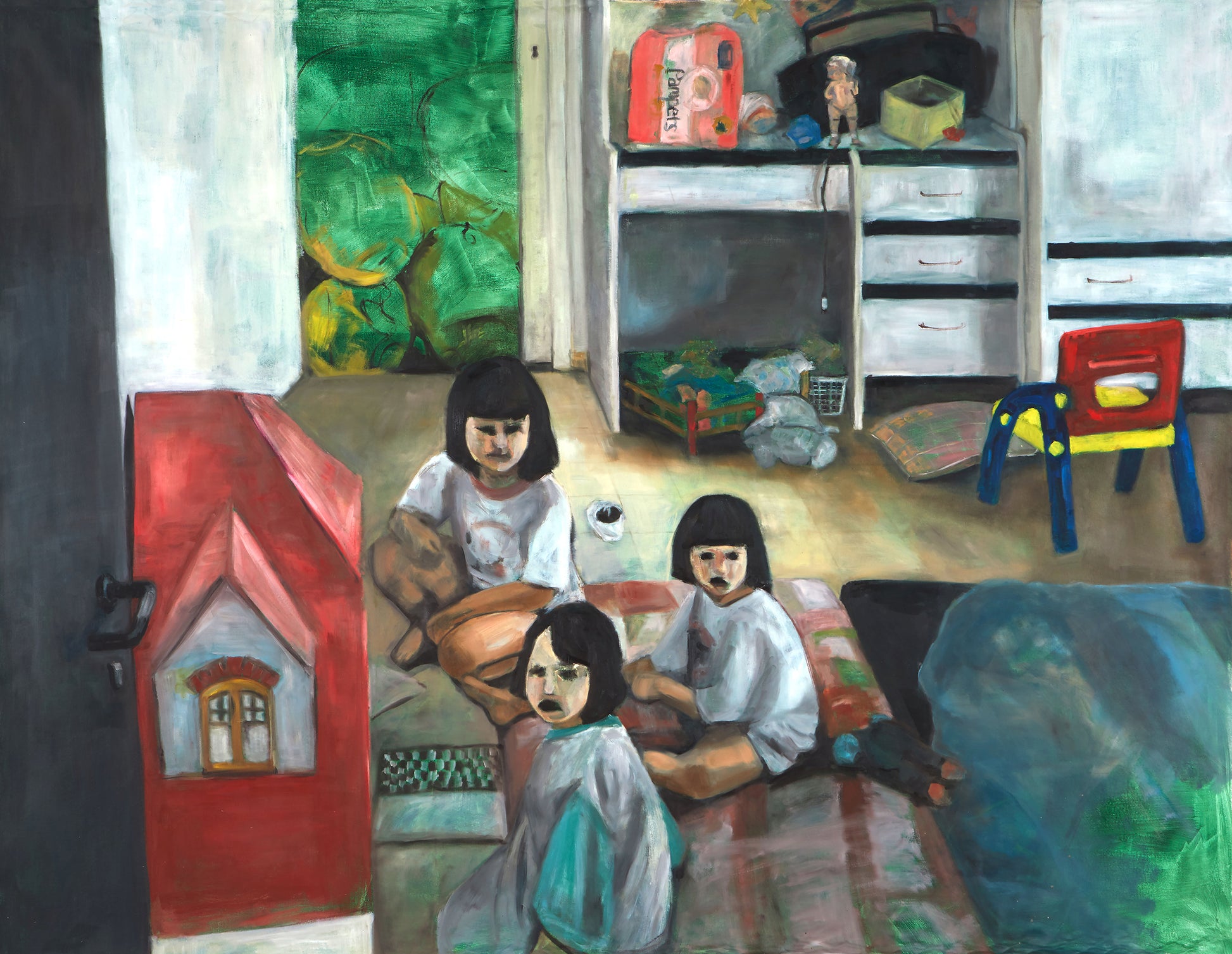 An Original oil painting titled 'Dollhouse' by Neta Singer. The painting, on unstretched canvas, measures 210x260 cm and depicts a child's room with a large red dollhouse and three little girls playing, looking towards the viewer.