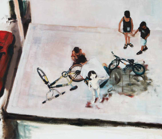 An original oil painting titled 'Yom Kipur' by Neta Singer, on unstretched canvas, measuring 105x115 cm, depicting bicycles being cleaned in a parking lot.